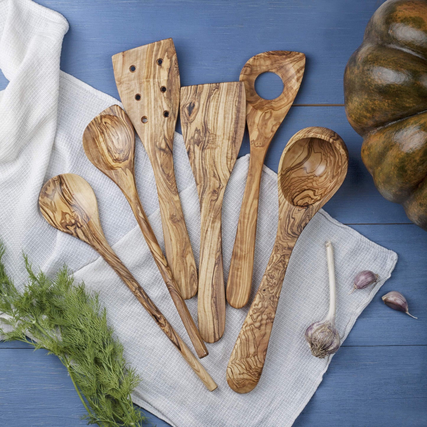 Forest Decor Olive Wood Utensils Set for Cooking - 6pcs Non-stick Handmade Wooden Spatulas for Cookware - Non Scratch Natural Wood Spoons - Premium Wood Ladle - Kitchen Tools & Accessory for Serving
