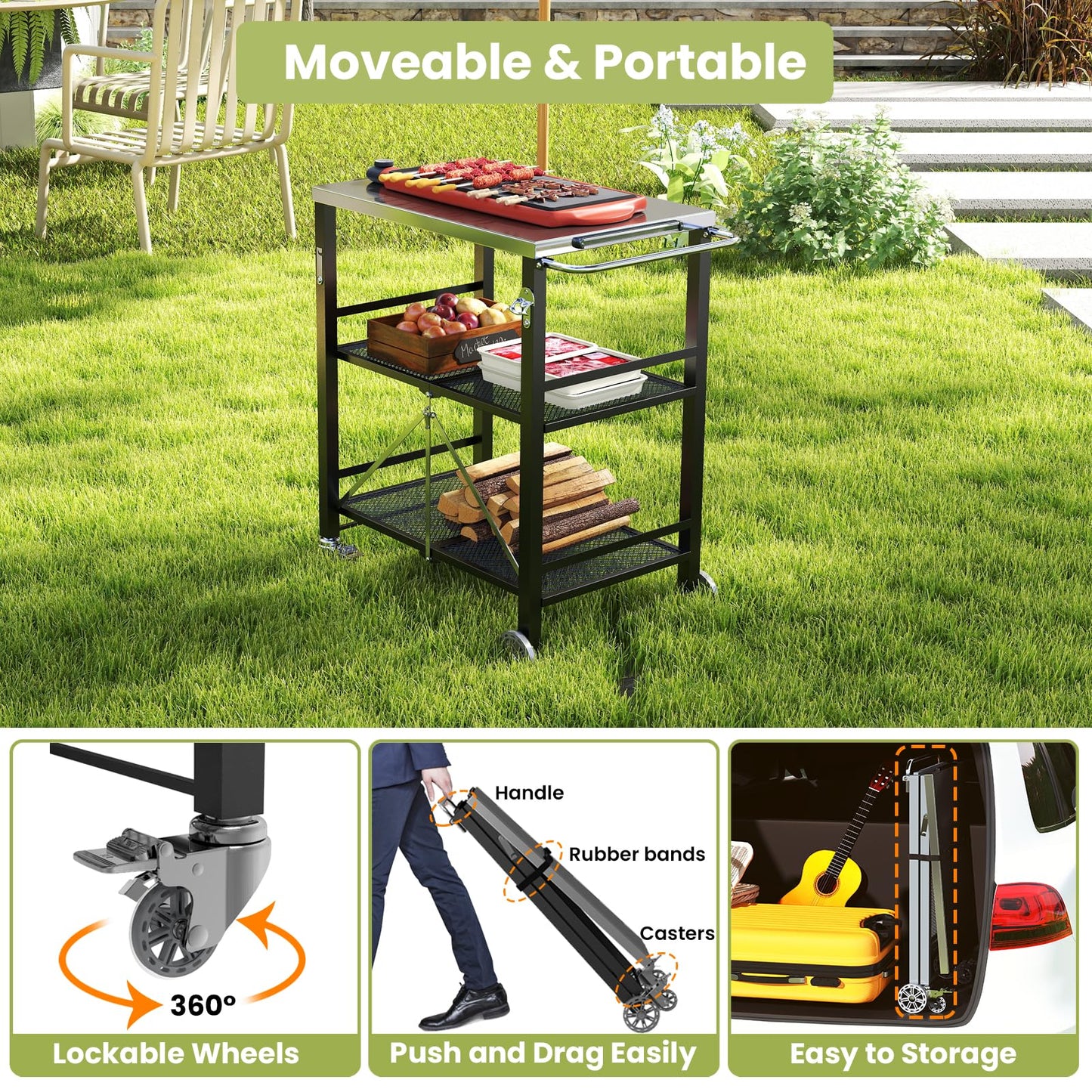 YORKING Foldable Outdoor Grill Cart, Stainless Steel 3 Tier Kitchen Cart with 2 Lock Wheels, Moveable BBQ Table Kitchen Island with Tool Hooks, Bottle Opener, for Home Party, Bar, Camping, Black