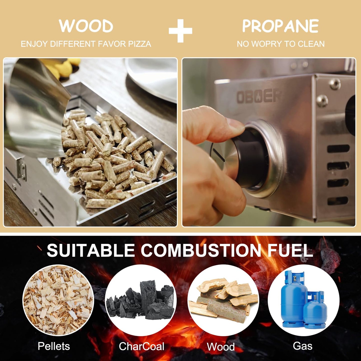 ABORON Pizza Oven Outdoor,13"Multi-Fuel Rotatable Pizza Ovens, Portable Wood Fired and Gas Pizza Oven, Stainless Steel 3-Layer Oven, Pizza Maker with Built-in Thermometer, Pizza Cutter & Carry Bag - CookCave