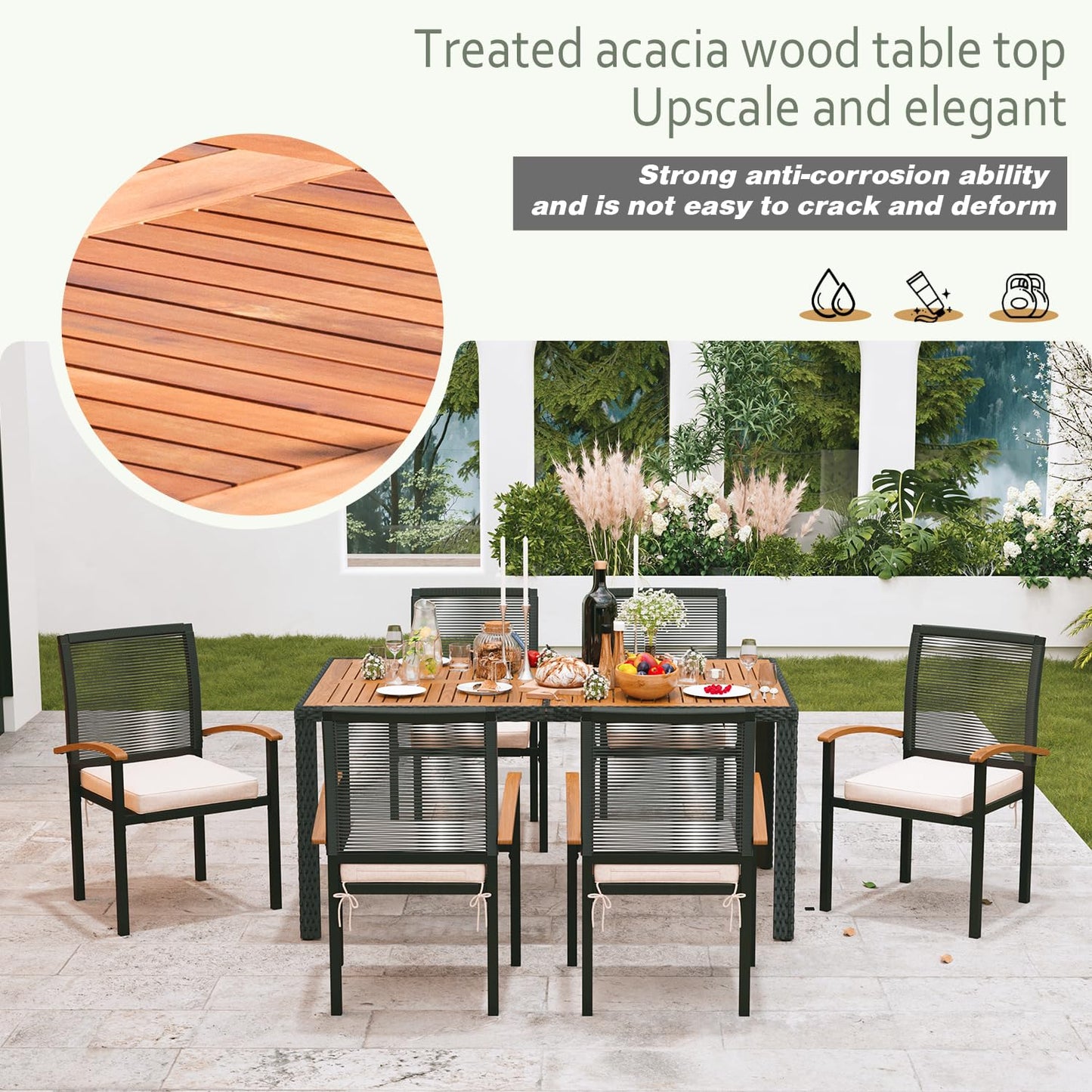 AERBUSKE 7-Piece Outdoor Patio Furniture Set - Wicker Dining Set for 6, Perfect for Garden, Yard, Porch, Poolside - CookCave