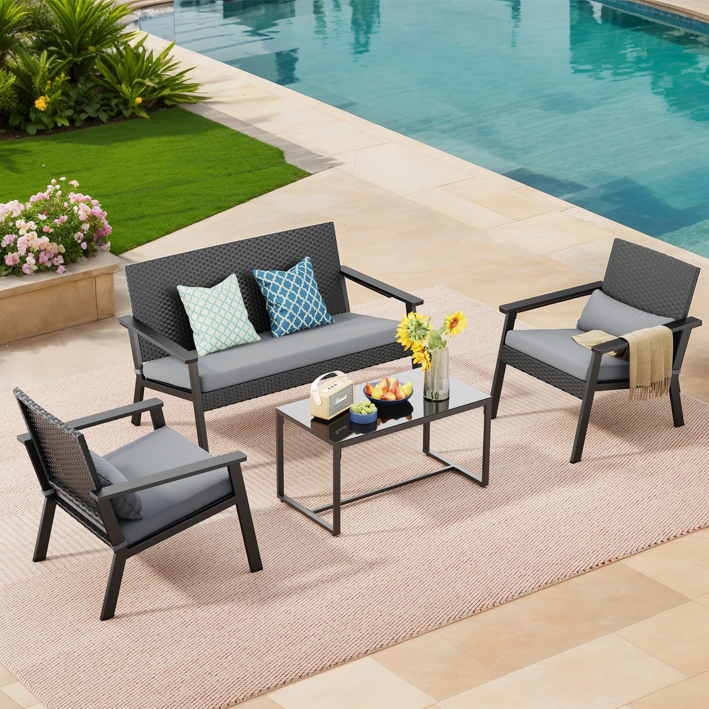 Ahomly 4-Piece Outdoor Wicker Patio Furniture Set with Deep Seating Cushions and Table for Balcony, Backyard, and Porch (Gray) - CookCave