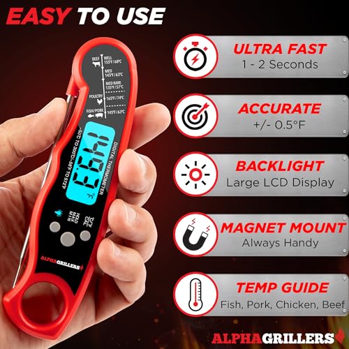 Alpha Grillers Meat Thermometer Digital - Instant Read Food Thermometer for Cooking Grilling Air Fryer Griddle Probe Kitchen Gadgets Essentials BBQ Accessories Grill Gifts for Men Him Dad Fathers Day - CookCave