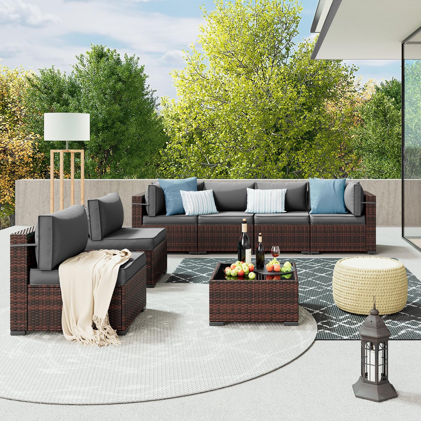 Amopatio Patio Furniture Sets, 7 Pieces Outdoor Rattan Sectional Sofa Set with Glass Table and Cushions, Wicker Patio Conversation Set for Outdoor Indoor Backyard Lawn Garden Porch (Grey) - CookCave