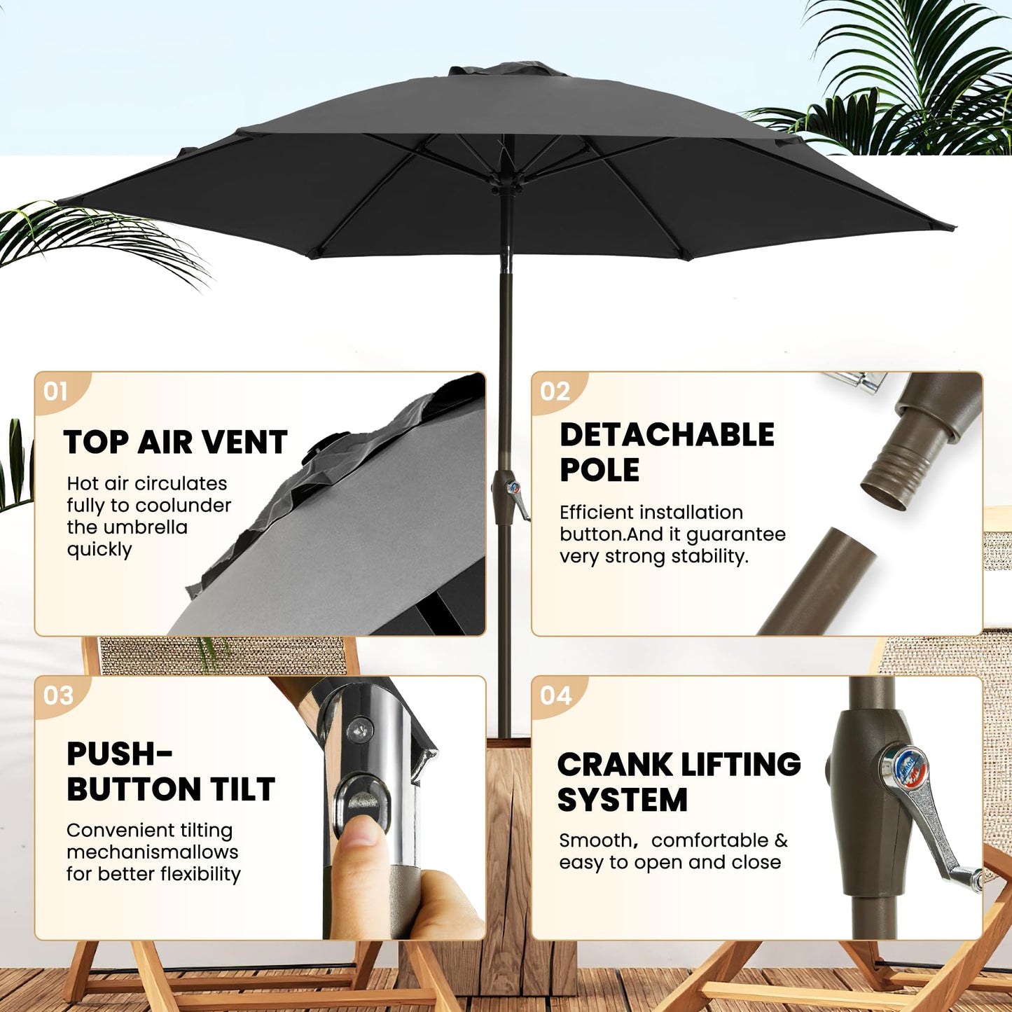 Ayge 7.5FT Large Outdoor Patio Umbrella Market Table Umbrella-UV Resistant, Easy Push Button Tilt and Crank, 6 Sturdy Fiberglass Ribs Heavy-Duty Pool Umbrella for Deck, Backyard,Garden, Yard,Black - CookCave