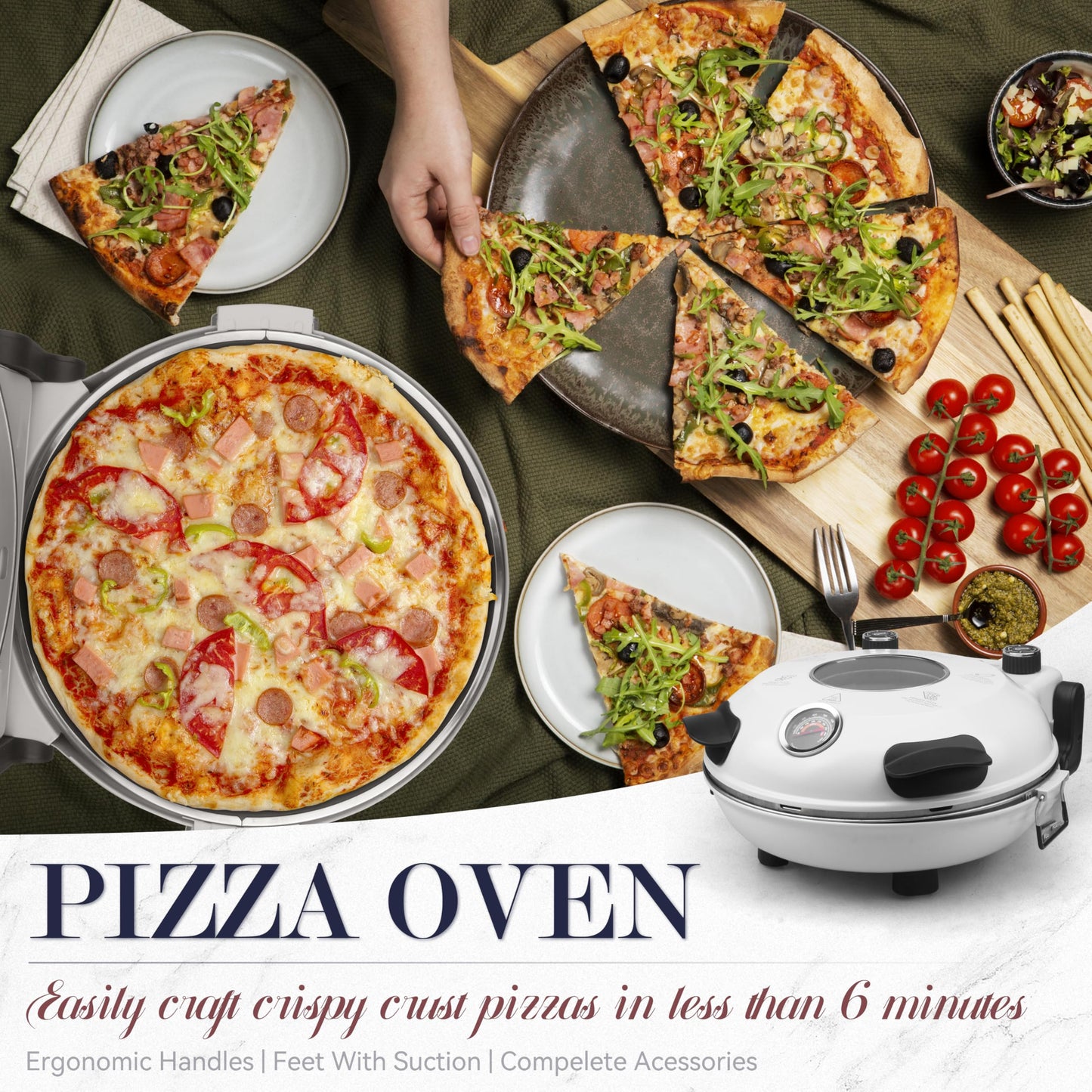 Baker's Friend Electric Pizza Oven Indoor Countertop, 12 Inch Maker Machine for Home, Cooker & Grill, Premium Glazed Ceramic Stone Oven, Creamy White - CookCave