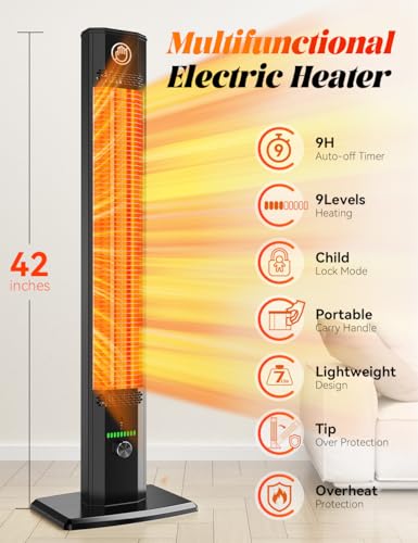 BALKO 42INCH Outdoor Heater, 9 Heat Levels & 540Min Timer, Child Safety Lock, IP65 Waterproof Garage Heater, 1500W Infrared Heating,Tip-Over & Overheat Protection, Patio Heaters for Outdoor Use Indoor - CookCave