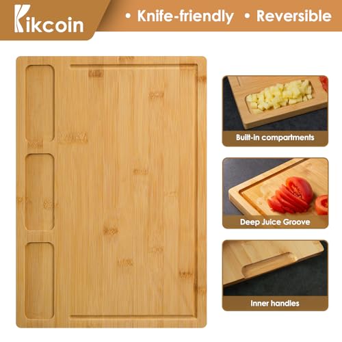 Bamboo Cutting Boards for Kitchen, (Set of 3) Kitchen Chopping Board with 3 Built-In Compartments and Juice Groove Heavy Duty Serving Tray Wood Butcher Block and Wooden Carving Board, Kikcoin - CookCave