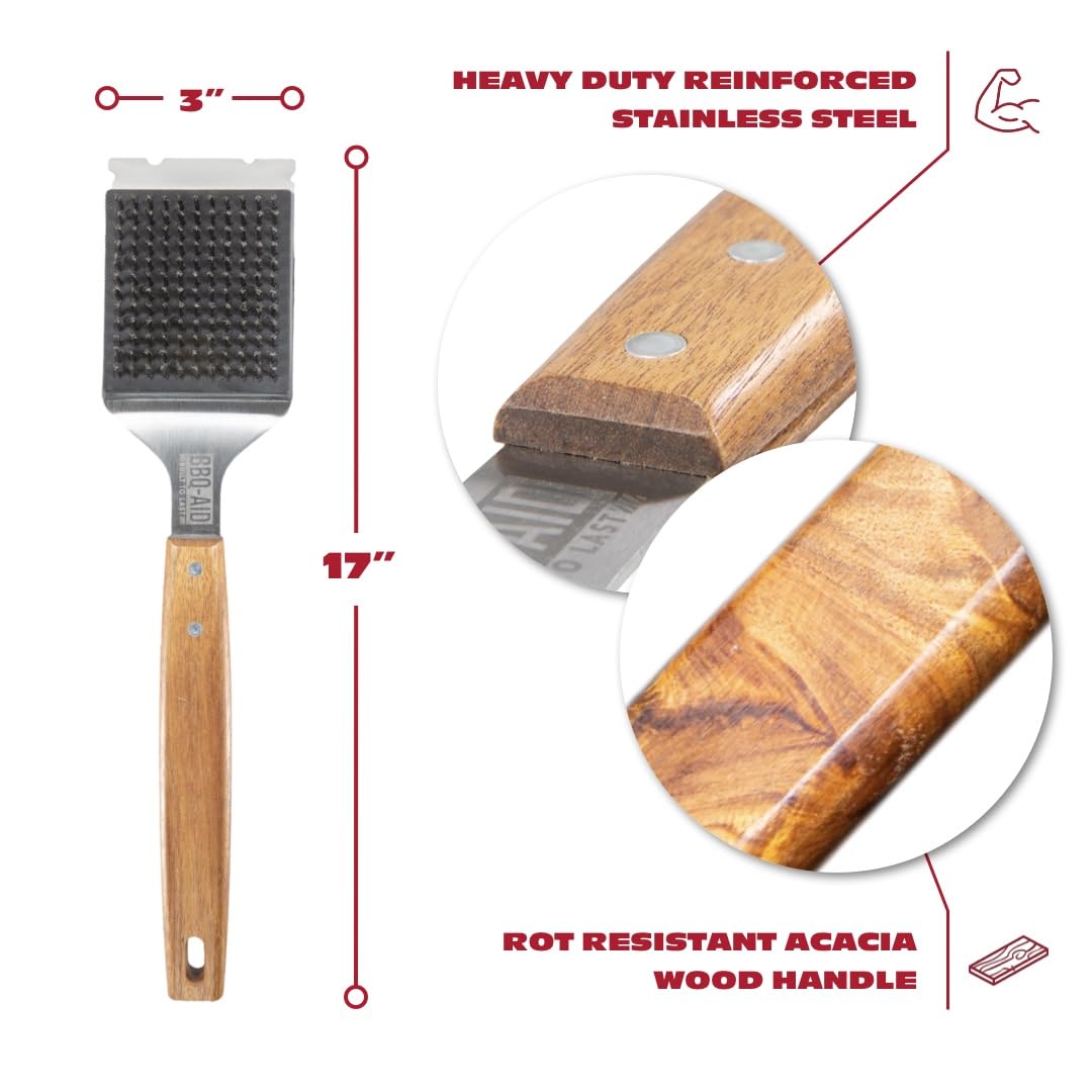 BBQ-Aid Grill Brush and Scraper for Barbecue – Grill Brush for Outdoor Grill with Extended, Large Wooden Handle and Replaceable Stainless Steel Bristles Head –No Scratch- BBQ Grill Brush for Any Grill - CookCave