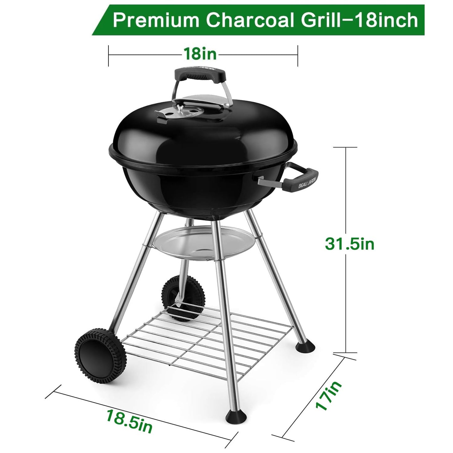 BEAU JARDIN 18 Inch BBQ Charcoal Grill for Outdoor Cooking Portable Smoker Camping Barbecue Coal Kettle Heat Preservation Dual Venting System Heavy Duty with Thickened Wheels for Small Patio Backyard - CookCave
