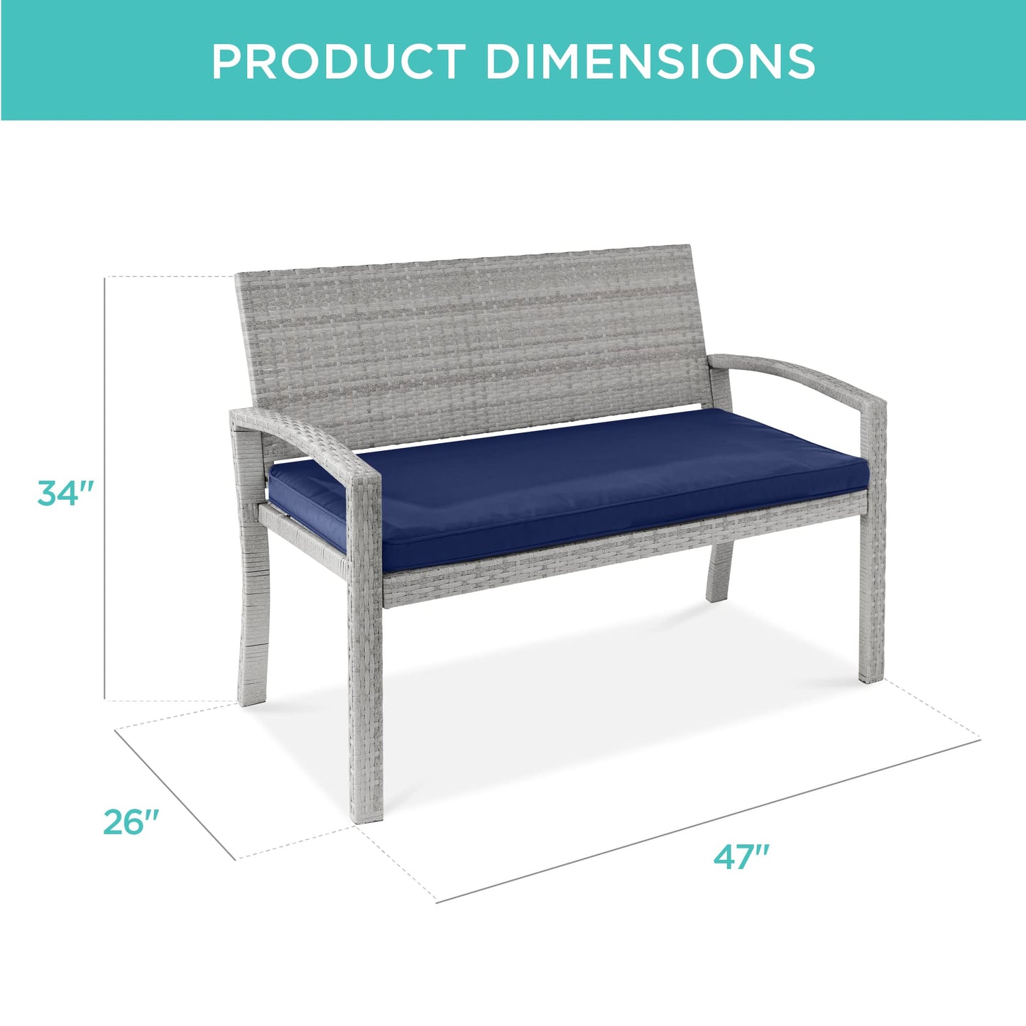 Best Choice Products Outdoor Bench 2-Person Wicker Garden Patio Benches Seating Furniture for Backyard, Porch w/Seat Cushion, 700lb Capacity - Gray/Navy - CookCave