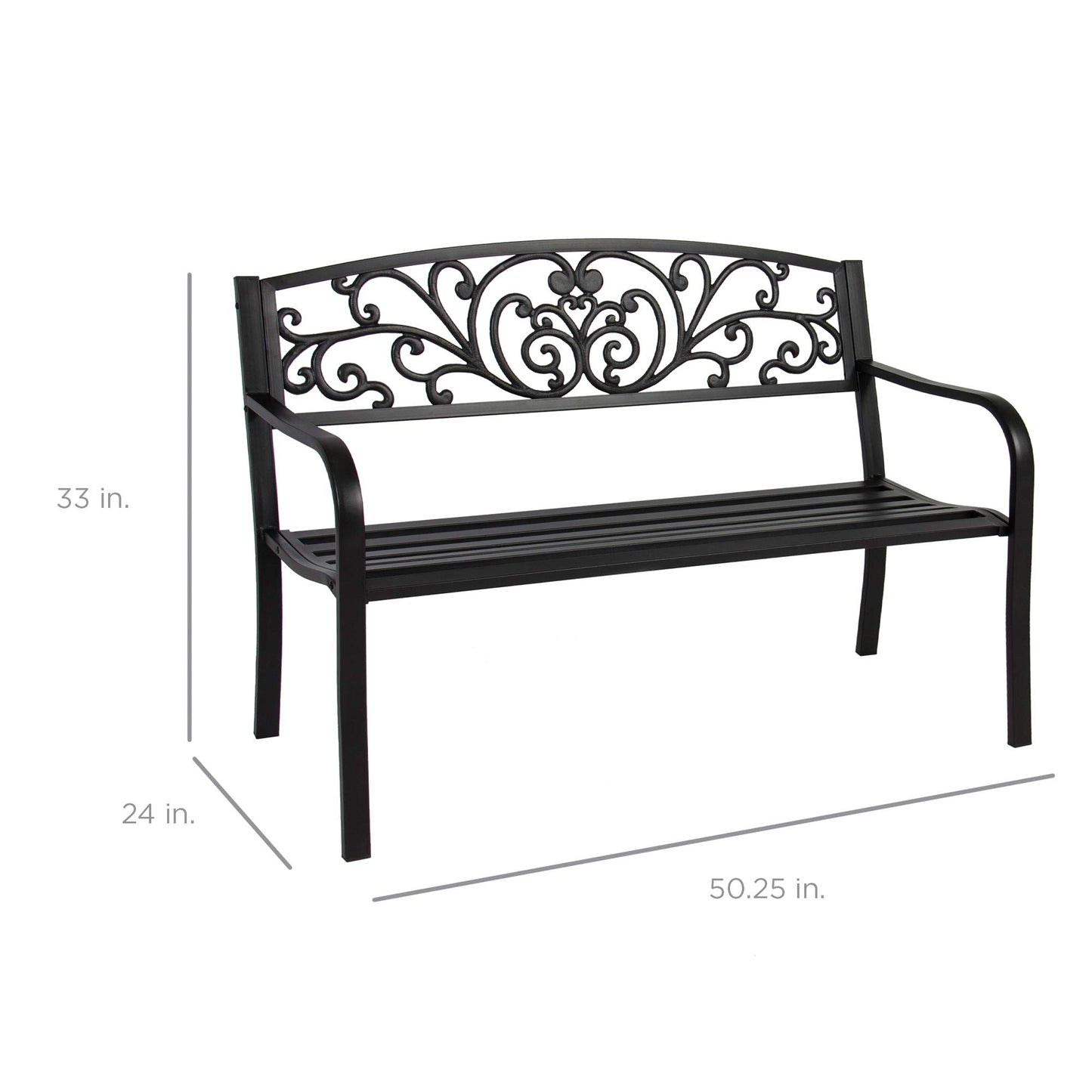 Best Choice Products Outdoor Bench Steel Garden Patio Porch Furniture for Lawn, Park, Deck w/Floral Design Backrest, Slatted Seat - Black - CookCave