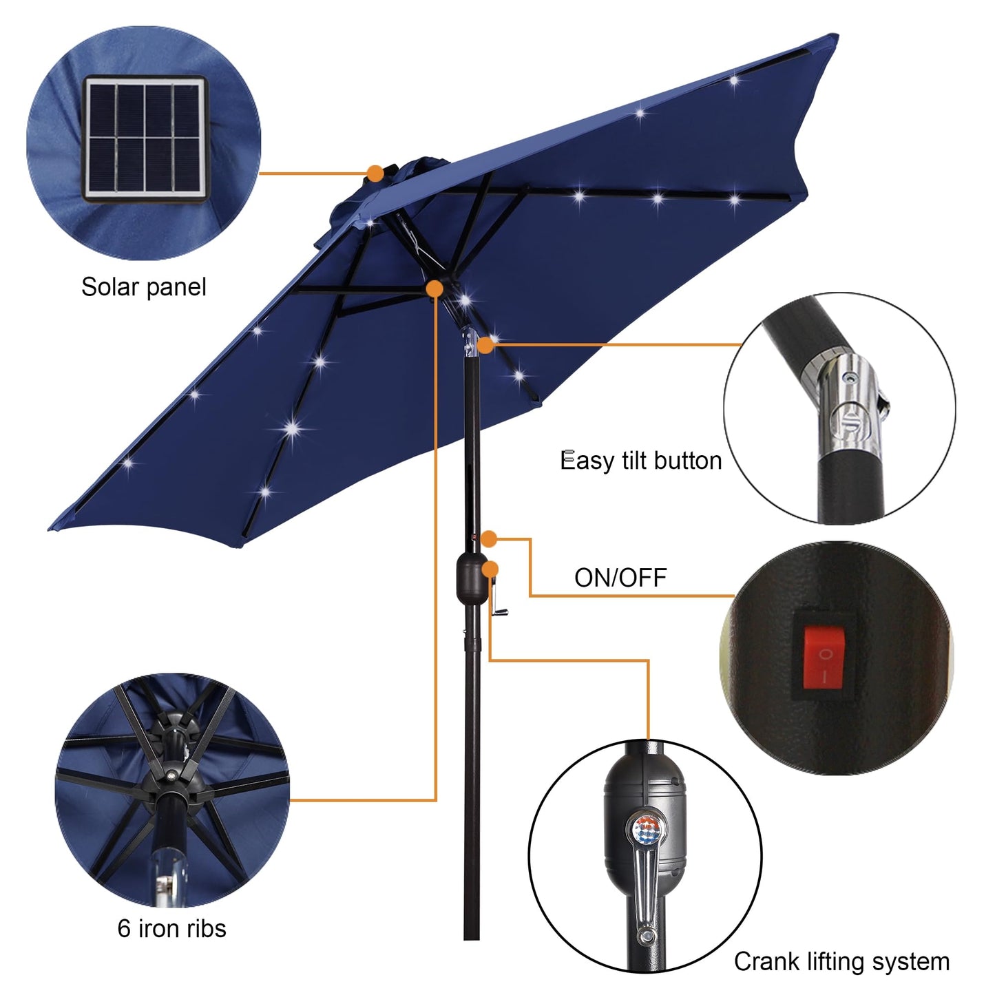 Blissun 7.5 ft Solar Umbrella 18 LED Lighted Patio Umbrella Table Market Umbrella with Tilt and Crank Outdoor Umbrella for Garden, Deck, Backyard, Pool and Beach (Navy Blue) - CookCave