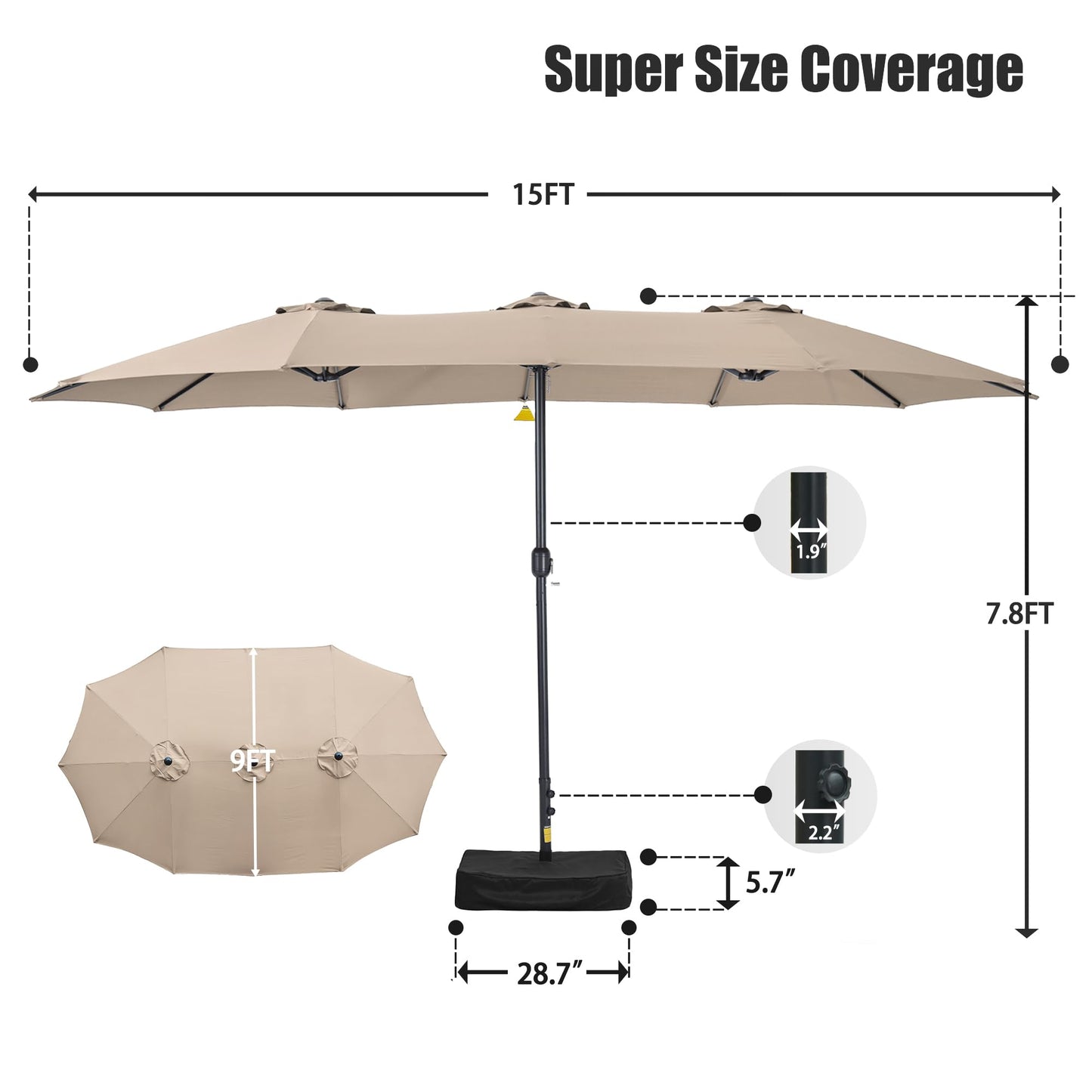 Caprihom 15ft Patio Umbrella with Base Included, Double Sided Outdoor Large Rectangular Patio Umbrella with Crank Handle, for Lawn Garden, Khaki - CookCave