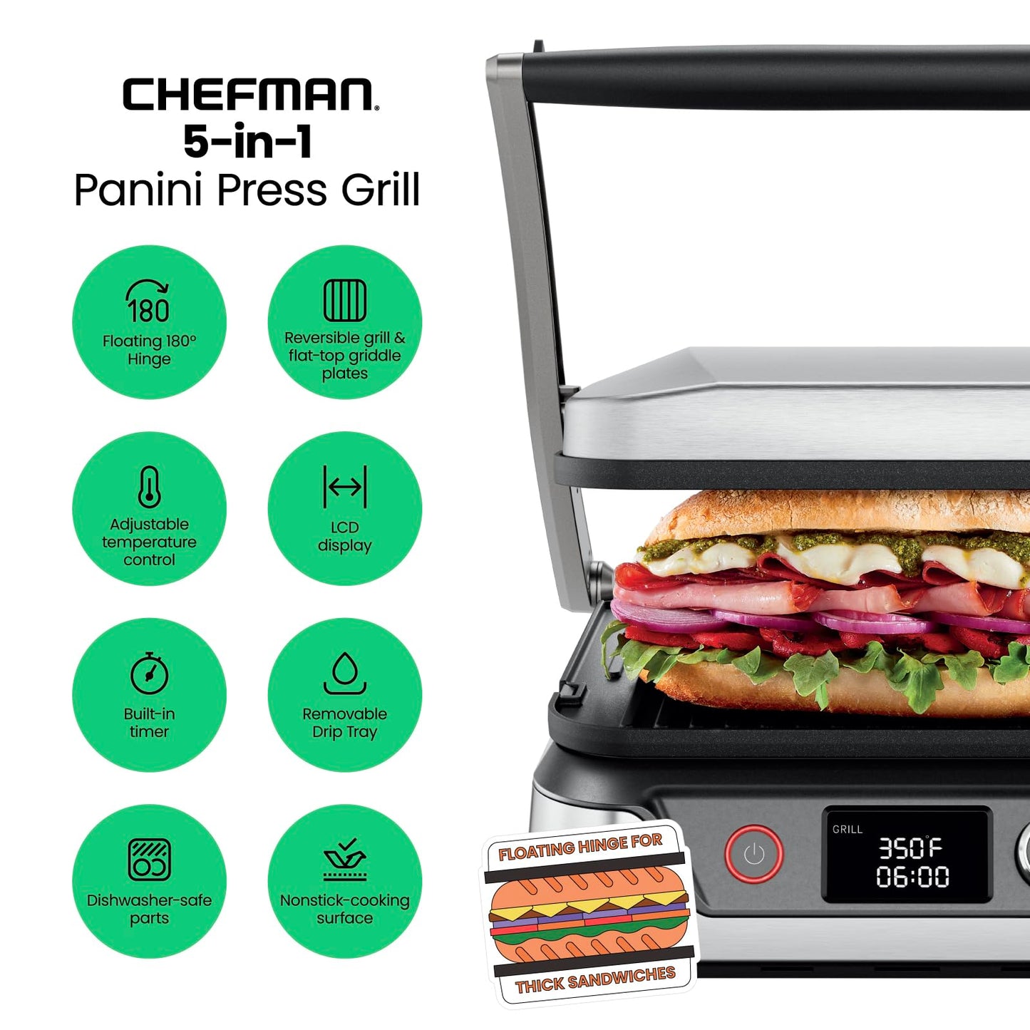 Chefman 5-in-1 Digital Panini Press Grill Sandwich Maker and Griddle Grill Combo with Removable, Reversible Dishwasher-Safe Grilling Plates, Opens 180° for Indoor BBQ /Flat Top Grill, Stainless steel - CookCave