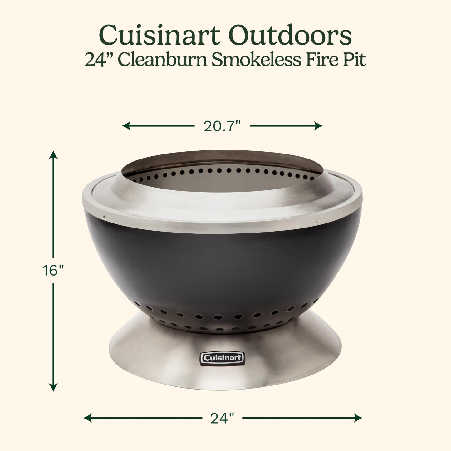 Cuisinart 24” Cleanburn Smokeless Fire Pit with Removable Base for Ash, Portable Outdoor Wood Burning Fireplace, Smoke Free Stainless Steel Outdoor Heater, Enhanced Airflow and Easy Cleanup - CookCave