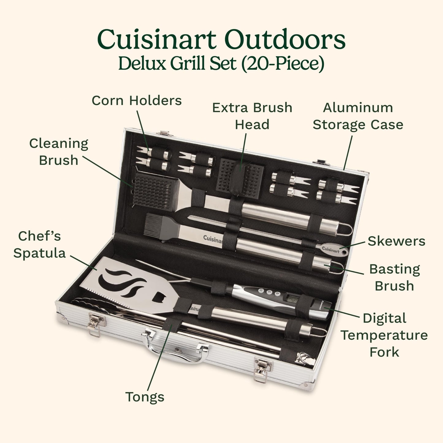 Cuisinart Deluxe Grill Tool Set, 20-Piece BBQ Tools Grill Accessories with Aluminum Case & Digital Temperature Fork, Stainless Steel Spatula, Tongs, Grill Accessories & Utensils, Grilling Set for BBQ - CookCave