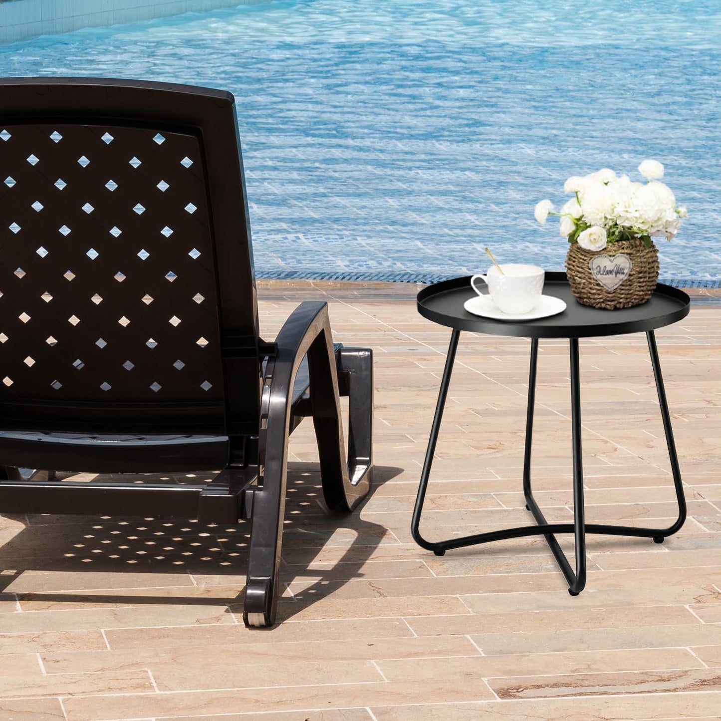 danpinera Outdoor Side Tables, Weather Resistant Steel, Small Round End Table for Patio Yard Balcony Garden Bedside Black - CookCave