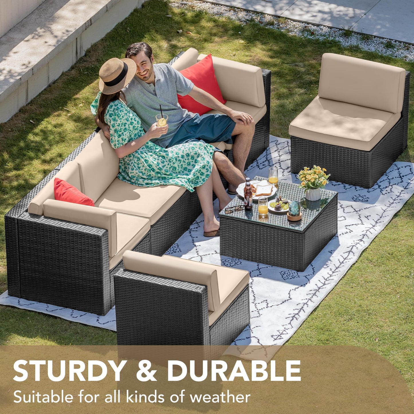Devoko 7 Pieces Outdoor Sectional Sofa Patio Furniture Sets Manual Weaving Wicker Rattan Patio Conversation Sets with Cushion and Glass Table (Beige) - CookCave