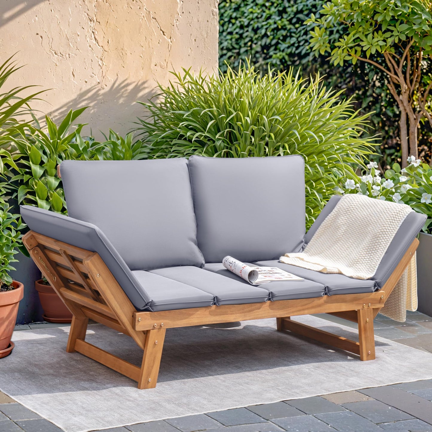 Devoko Outdoor Couch Acacia Wood Patio Couch with Adjustable Armrests,Outdoor Convertible Sofa with Removable Cushions&Pillows for Patio, Porch, Poolside(Grey) - CookCave