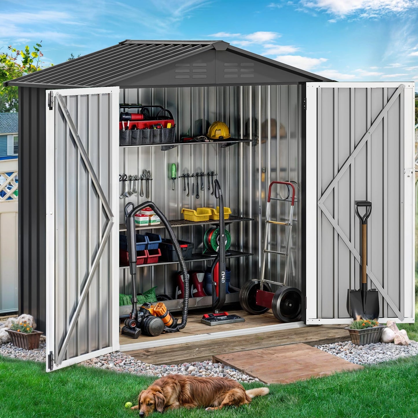 DWVO 6x4ft Outdoor Storage Shed, Weatherproof Tool Shed w/Locking Entry & Ventilation for Grass Cutter, Bike, Equipment, Courtyard, Garden (Dark Gray) - CookCave