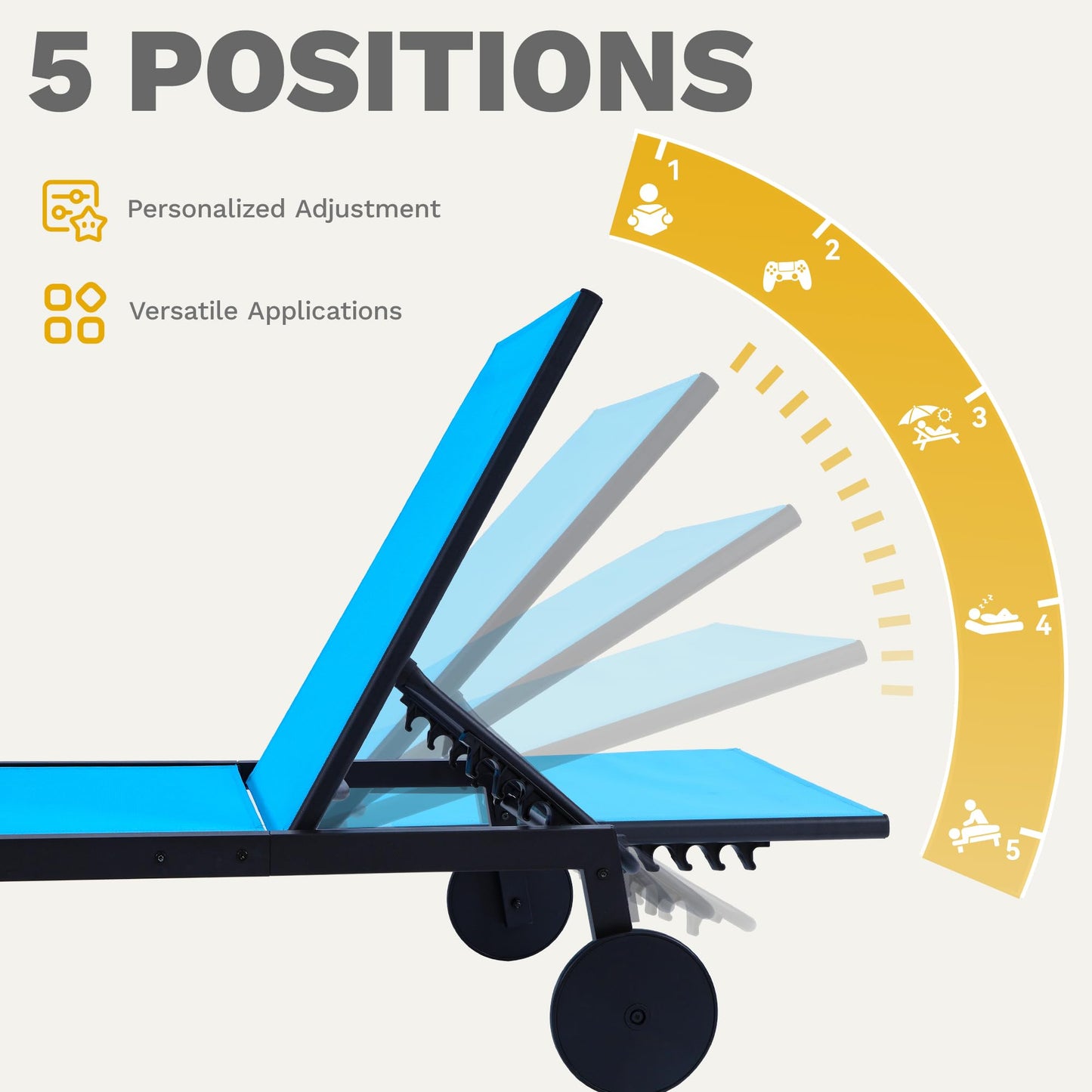 DWVO Outdoor Chaise Lounge Set, 2 Patio Chaise Lounge Chairs with Side Table, Textile Pool Loungers with 5-Level Backrest and Wheels for Beach, Lawn, Porch, Garden (Blue) - CookCave