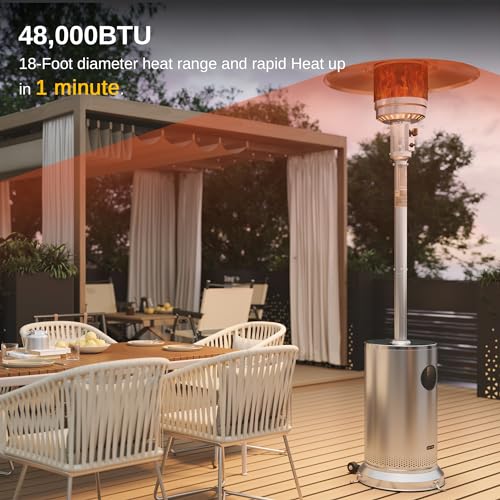 EAST OAK 48,000 BTU Patio Heater for Outdoor Use With Round Table Design, Double-Layer Stainless Steel Burner and Wheels, Outdoor Patio Heater for Home and Commercial, Stainless Steel - CookCave