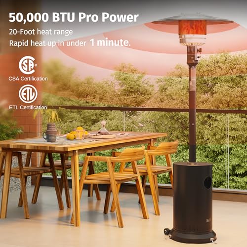 EAST OAK 50,000 BTU Patio Heater for Outdoor Use With Round Table Design, Double-Layer Stainless Steel Burner and Wheels, Outdoor Patio Heater for Home and Commercial, Bronze, 31.9" x 31.9" x 86.6" - CookCave