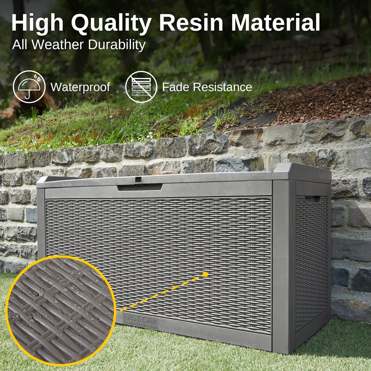 EAST OAK Outdoor Storage Box, 100 Gallon Deck Box, Waterproof Resin Storage Bench for Patio Cushions, Gardening Tools, Pool Accessories, Lockable, UV Resistant, Grey - CookCave