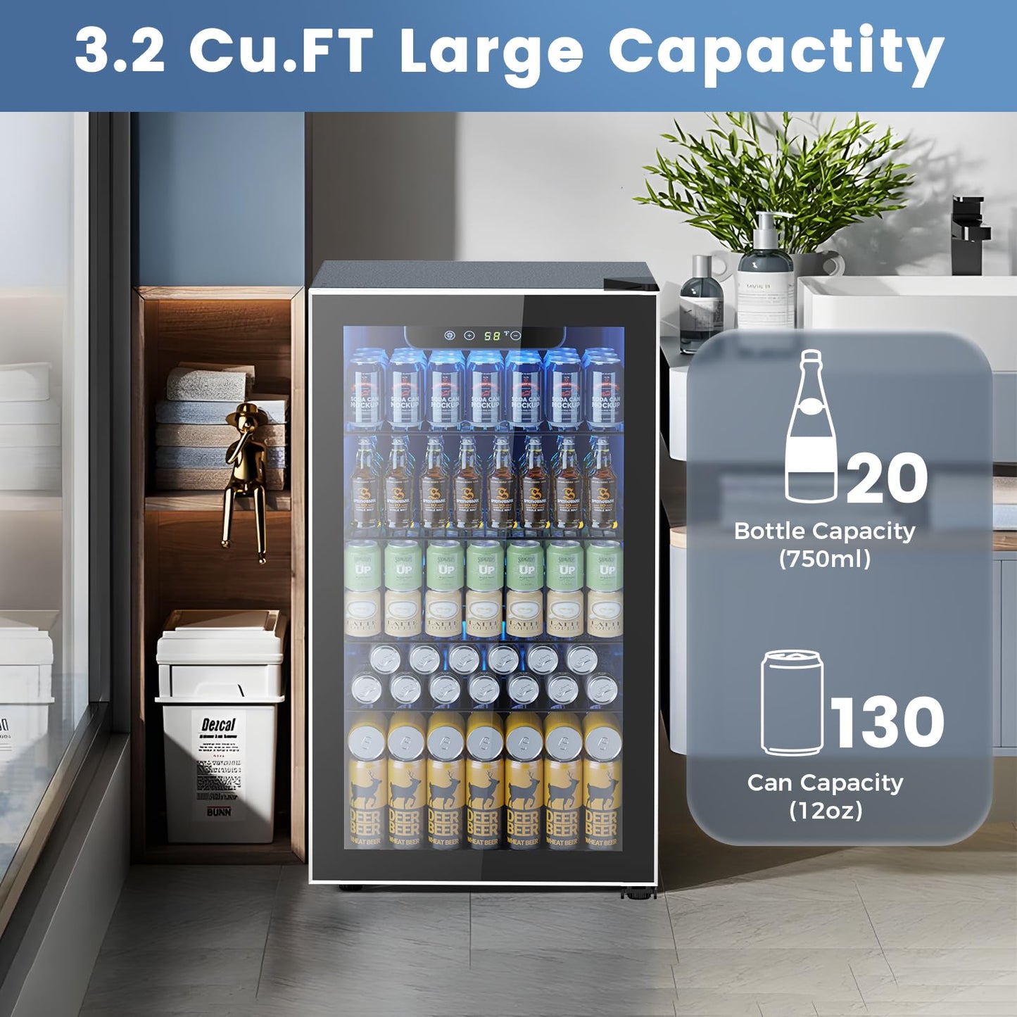 Electactic Mini Fridge 130 Can Beverage Refrigerator Cooler, 3.2 Cu.Ft Drink Fridge for Soda Wine Beer, Adjustable Temperature Control for Home Office, Black - CookCave