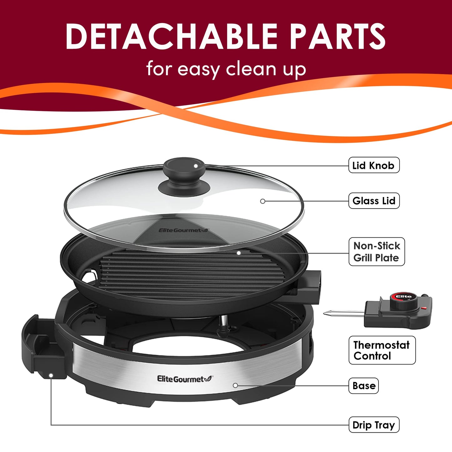 Elite Gourmet EMG6505G 12" Smokeless Indoor Electric BBQ Grill with Glass Lid Dishwasher Safe, Nonstick, Adjustable Temperature, Fast Heat Up, Low-Fat Meals Easy to Clean Design - CookCave