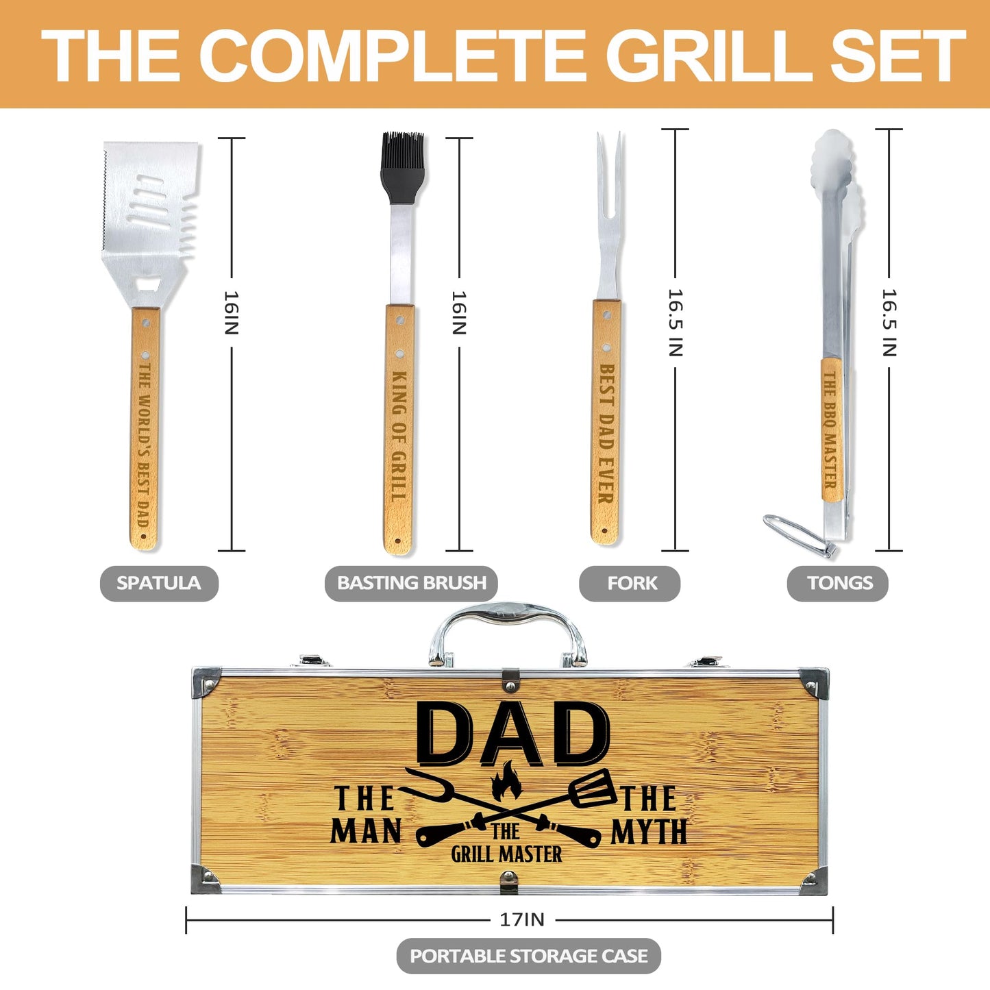Fathers Day Dad Gifts from Daughter Heavy Duty Wooden BBQ Grilling Accessories Kit for Backyard, Thick Stainless Steel Grill Utensils with Non-Slip Handle Tools in Portable Bag Birthday - CookCave