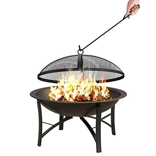 Fire Beauty Fire Pit for Outside Wood Burning Firepit BBQ Grill Steel Fire Bowl with Spark Screen Cover, Log Grate, Poker for Camping Beach Bonfire Picnic Backyard Garden - CookCave