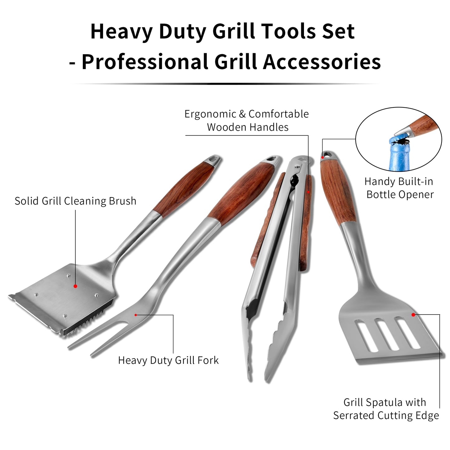 FJNATINH Heavy-Duty Grilling Accessories Rose Wooden BBQ Grilling Tools Set,Outdoor Grill Set with Spatula, Fork, Brush & Tongs,Essential Accessories for Barbecue & Grill. Ideal Gift for Men - CookCave