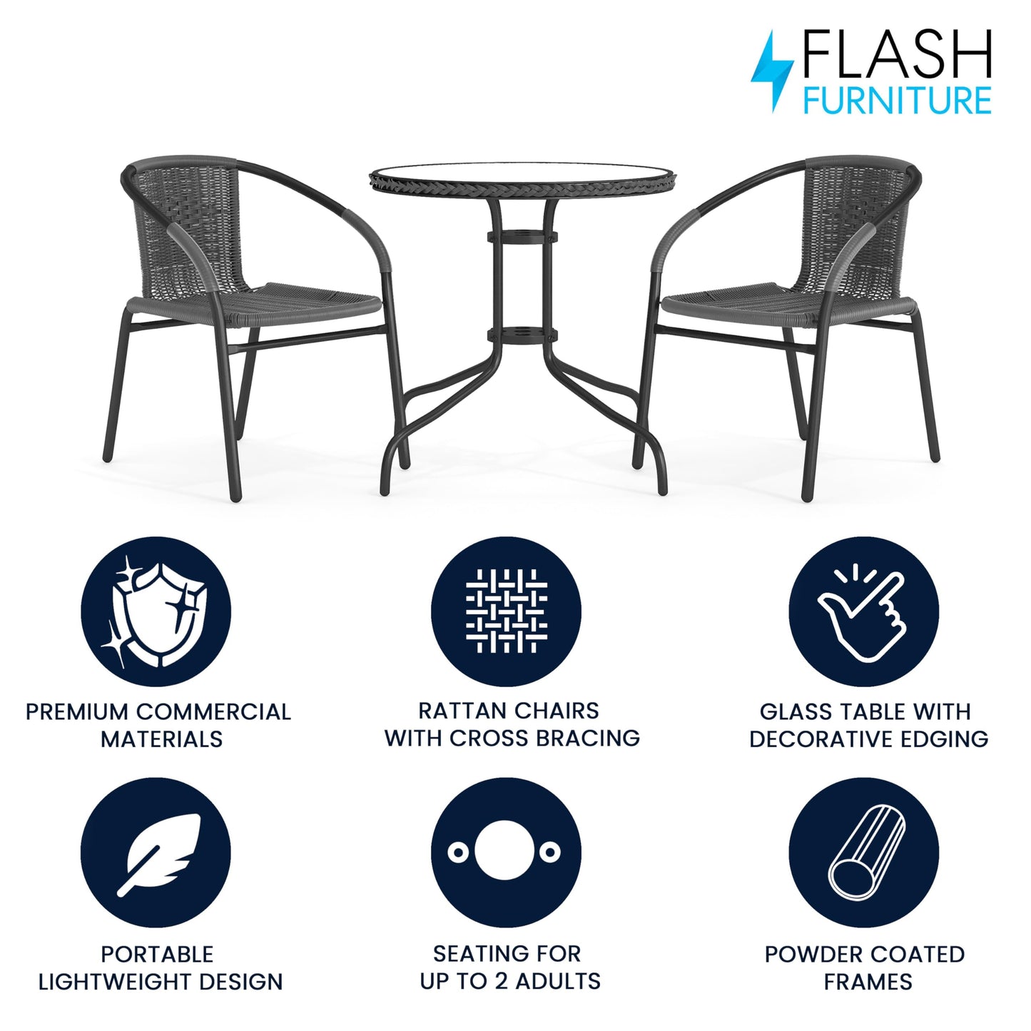 Flash Furniture 3-Piece Patio Dining Set with Round Glass Metal Table and 2 Stackable Rattan Chairs, Indoor/Outdoor Bistro Table and Chairs Set, Gray - CookCave