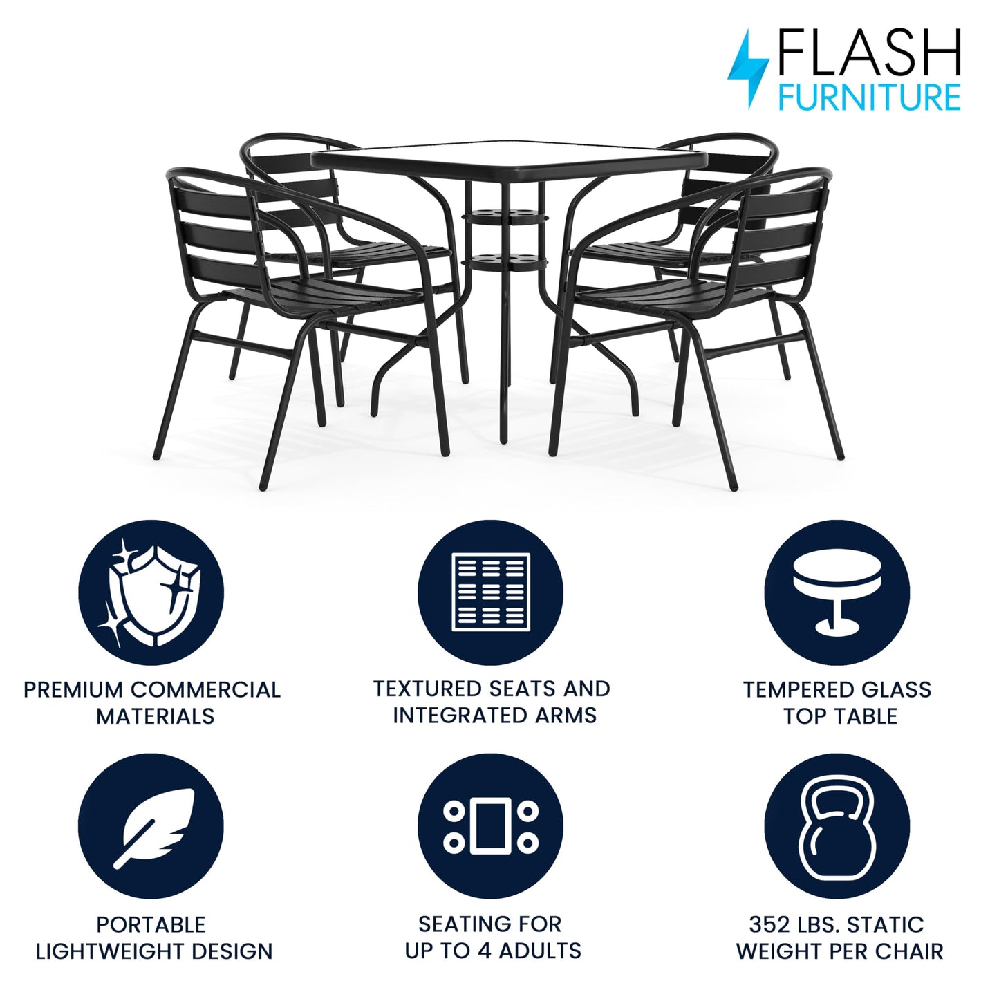 Flash Furniture 5-Piece Patio Dining Set with 31.5" Square Glass Metal Table and 4 Stackable Slat Back Chairs, Indoor/Outdoor Bistro Set, Black - CookCave