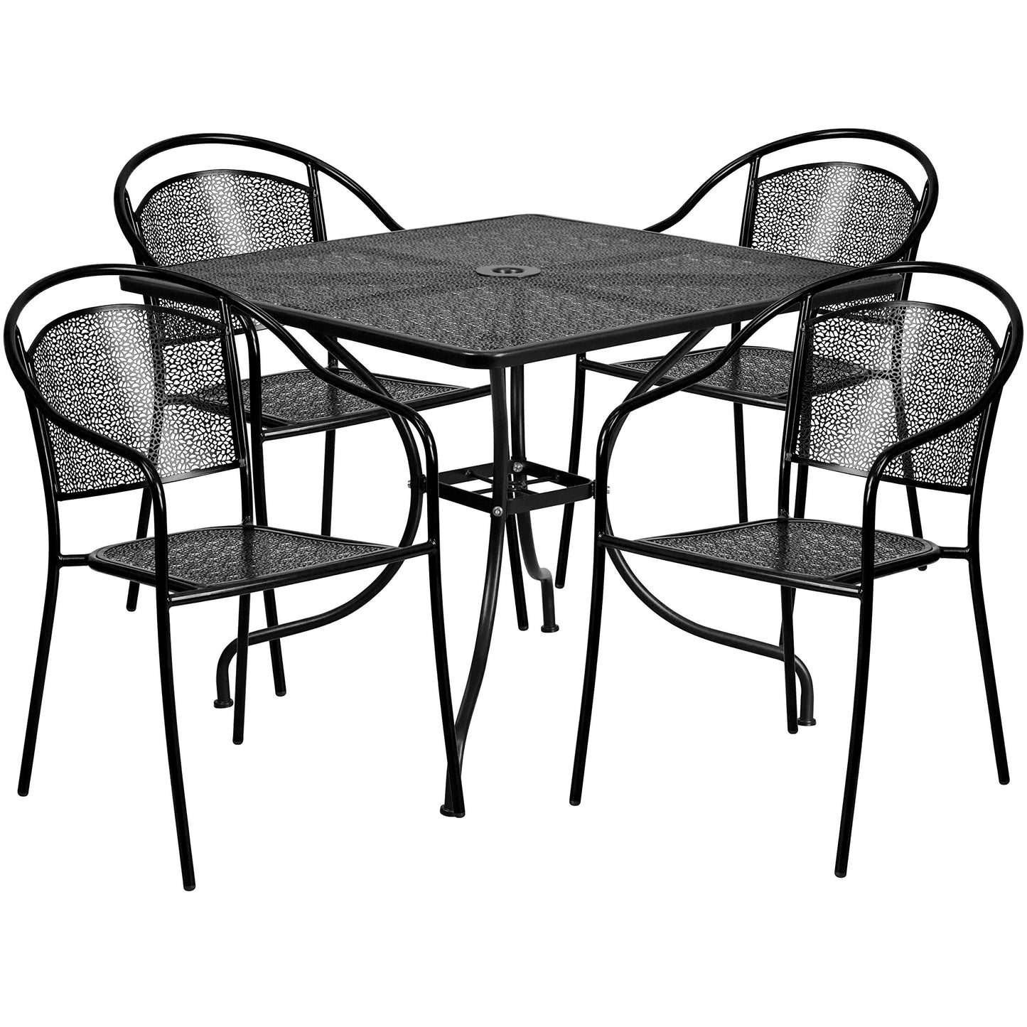 Flash Furniture Oia 5-Piece Commercial Grade Steel Patio Table and Chairs Set, Outdoor Dining Set with Square Table and 4 Round Back Chairs, Black - CookCave