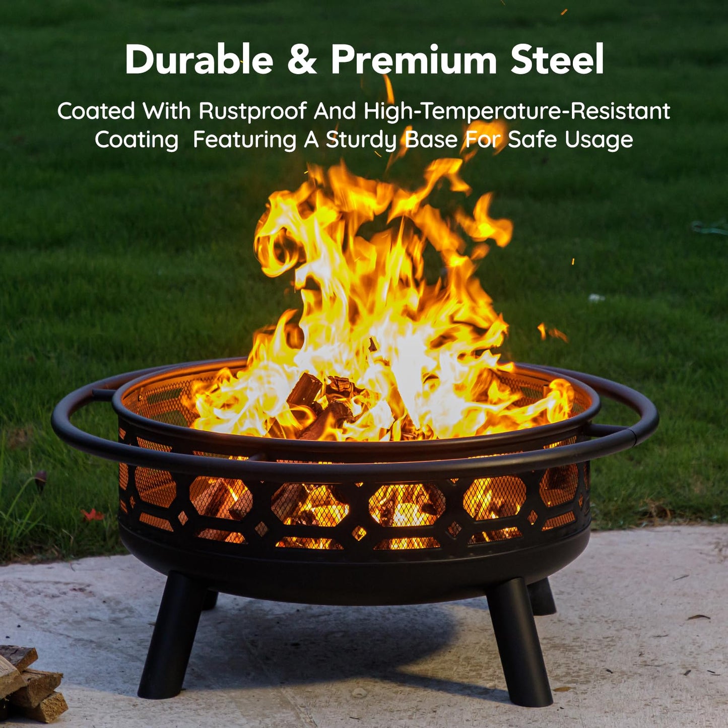 Florise 36 Inch Fire Pit, Outdoor Wood Burning Firepit with Removable Grill & Poker, Heavy Duty Metal Round Fireplace,2 in 1 Large Bonfire for Outside,BBQ,Yard,Patio - CookCave
