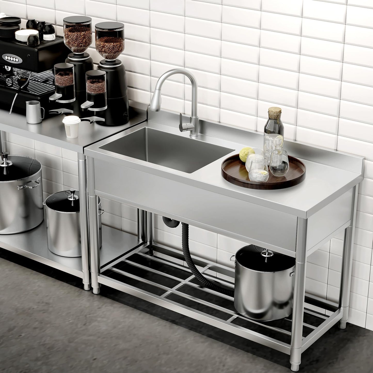 GGW Commercial Sink with Drainboard, Stainless Steel Utility Sink with Pull-out Faucet, Free Standing Single Bowl Kitchen Sink with Workbench for Restaurant, Garage, Outoor, 21.7"D x 47.2"W x 37"H - CookCave