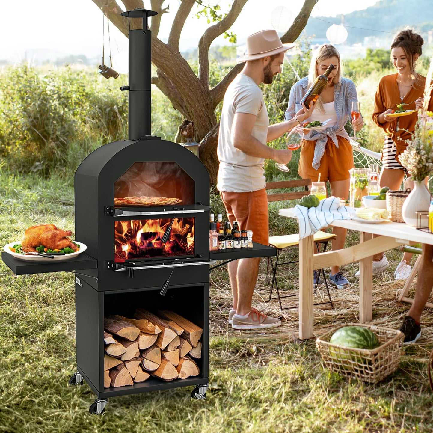 Giantex Pizza Oven Outdoor - Wood Fired Pizza Oven with 2 Side Tables, Pizza Stone, Pizza Peel, Cover, Cooking Grids, Pizza Maker on Wheels for Outside Charcoal Grill Backyard Party Camping - CookCave