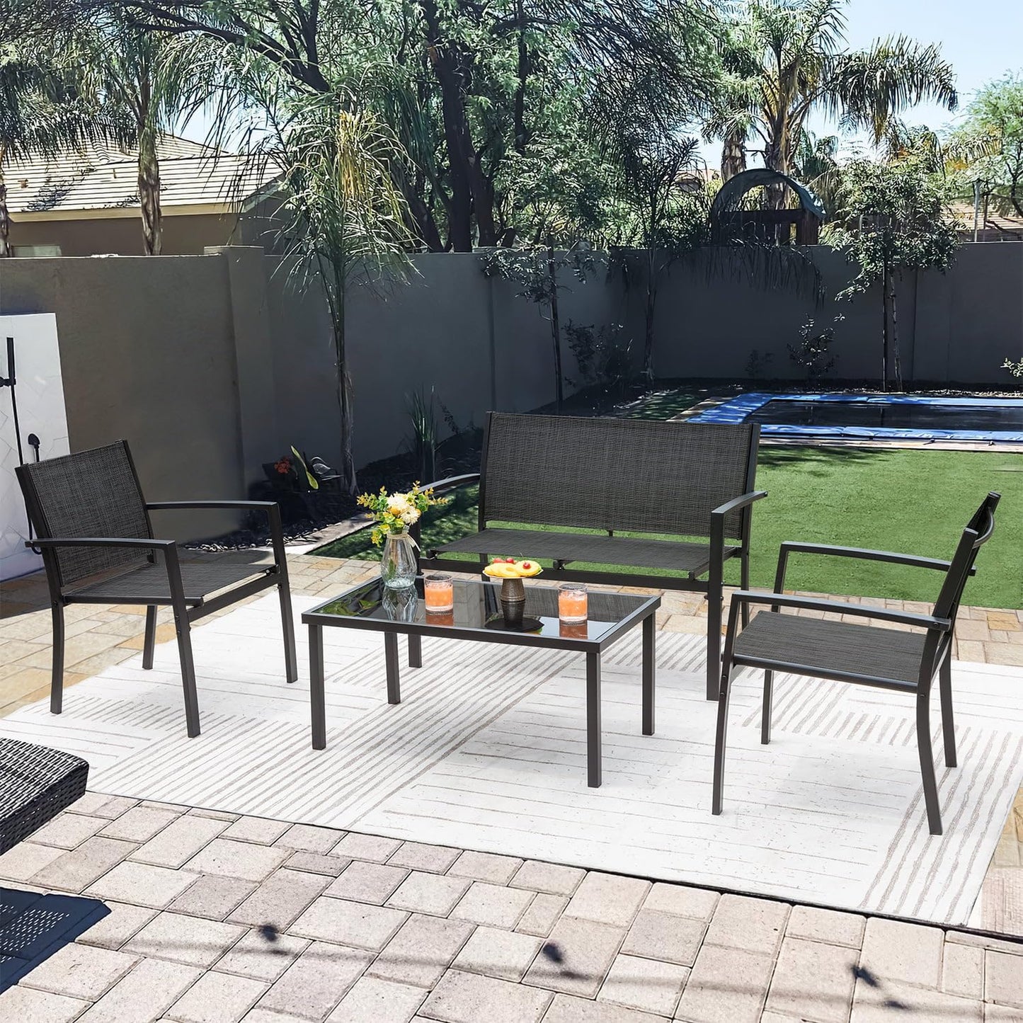 Greesum 4 Pieces Patio Furniture Set Outdoor Conversation Textilene Fabric Chairs for Lawn, Garden, Balcony, Poolside with A Glass Coffee Table, Black - CookCave