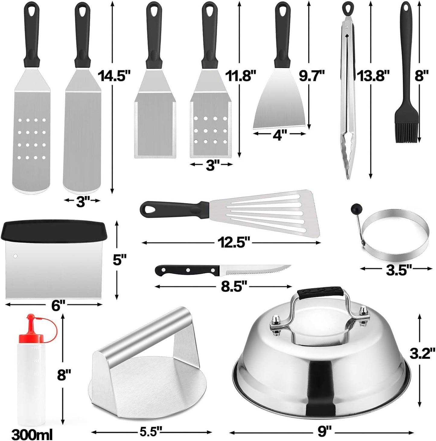 Griddle Accessories Kit of 20, HaSteeL Heavy Duty Metal Spatula Set, Stainless Steel Teppanyaki Tools for Flat Top, Barbecue Grilling Indoor & Outdoor, Melting Dome, Burger Turner, Dishwasher Safe - CookCave