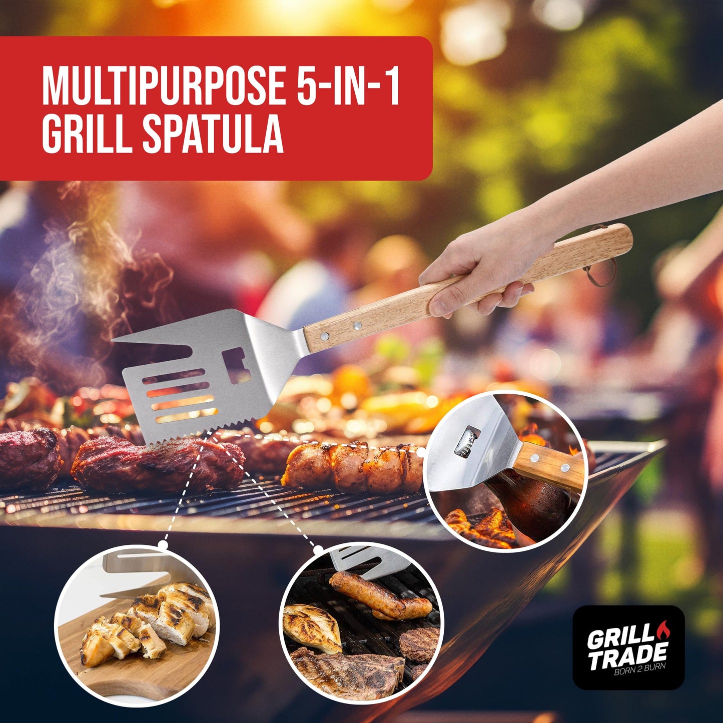 Grill Trade 5-in-1 Grill Spatula with Knife, Fork, Tenderizer, Bottle Opener, and Turner BBQ Tool - Multifunction with Wooden Handle-Ergonomic Cooking Tool for Outdoor Grilling, Flipping, Cutting-19'' - CookCave