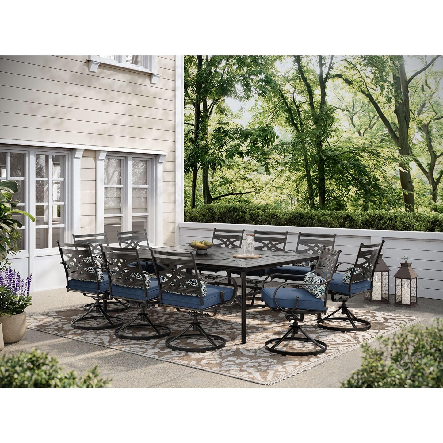 Hanover Montclair 11-Piece Patio Dining Set with 10 Swivel Rocker Chairs, Accent Lumbar Pillows and 84"x60" Steel Stamped Rectangular Table, Large Outdoor Patio Dining Set for 10, Navy Blue - CookCave