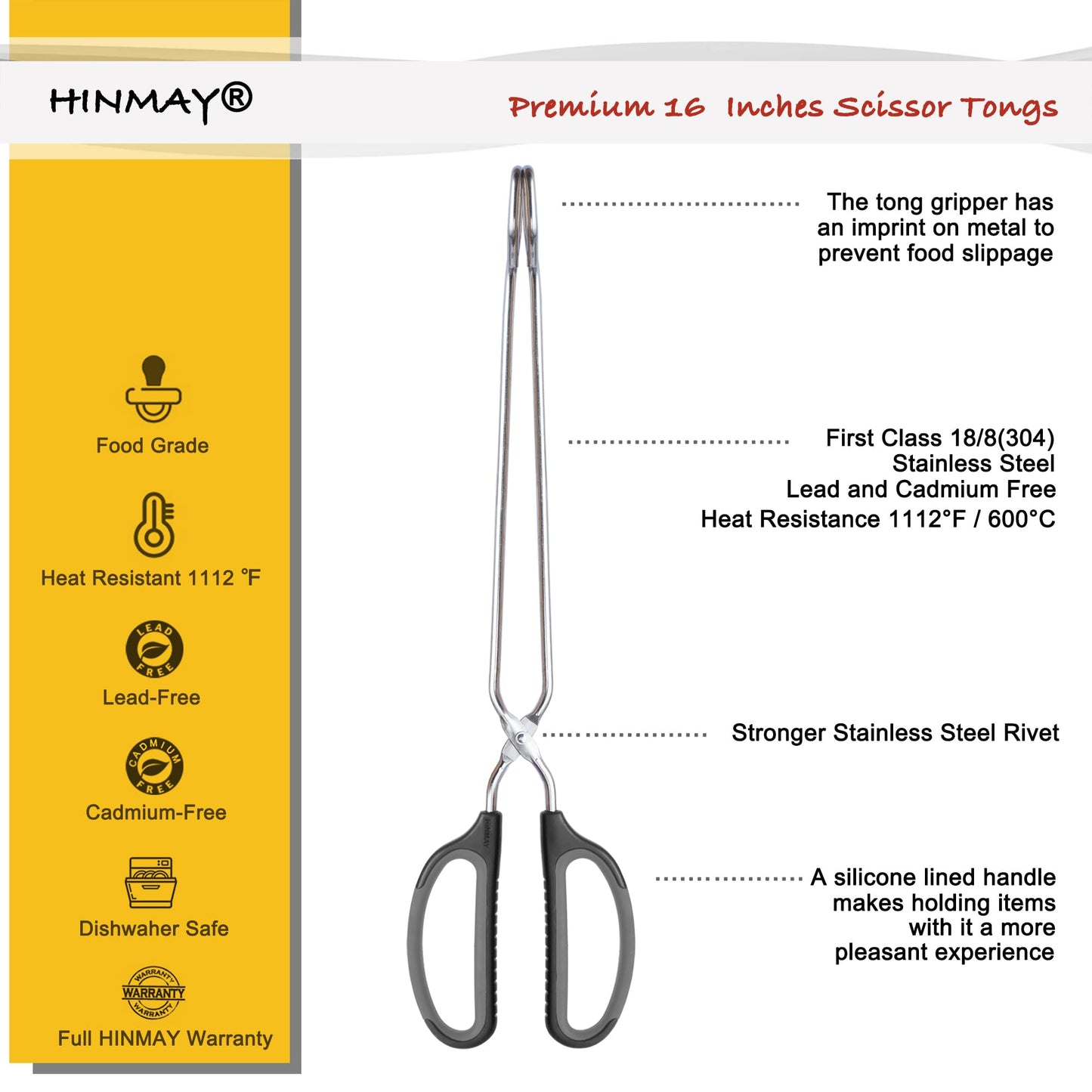 HINMAY Scissor Tongs 16-Inch Extra Long Stainless Steel Barbecue Grilling Tongs (Black Handle) - CookCave