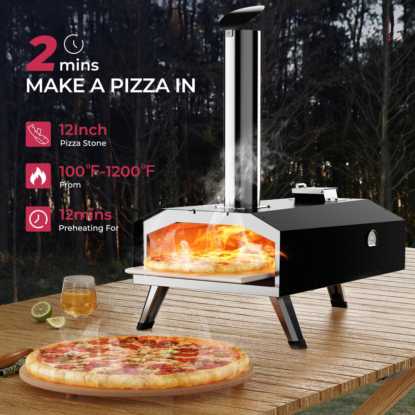 Icyglee 12" Wood Pellet Outdoor Pizza Oven,Wood Fired Portable Pizza Maker with Pizza Stone, Countertop Pizza Grill for Backyard and Outside, Black - CookCave