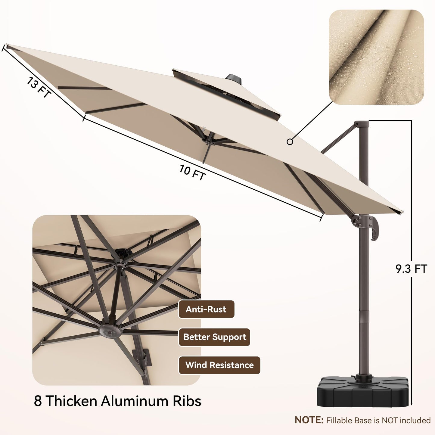 Jentafix 10x13 FT Patio Umbrella, Large Cantilever Rectangular Double Top Heavy Duty Offset Umbrellas with 360° Rotation, Outdoor shade for Garden Deck Pool Patio, Beige - CookCave