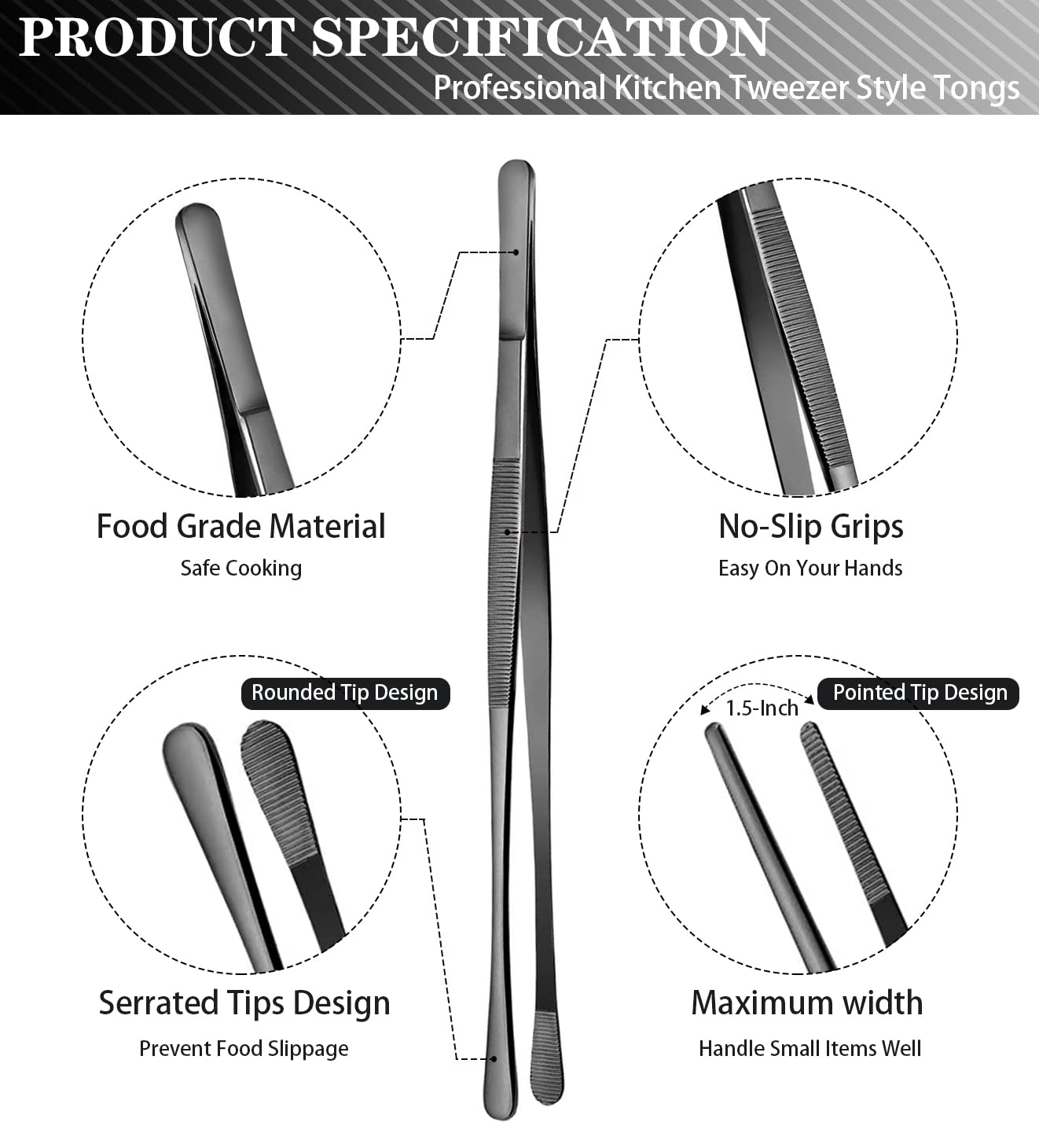 JETKONG 2 Pcs 12-Inch Kitchen Tweezers Tongs with Precision Serrated Tips, Stainless Steel Chef Tweezer Professional Cooking Tweezers for BBQ, Plating and Serving (12-Inch, Black) - CookCave