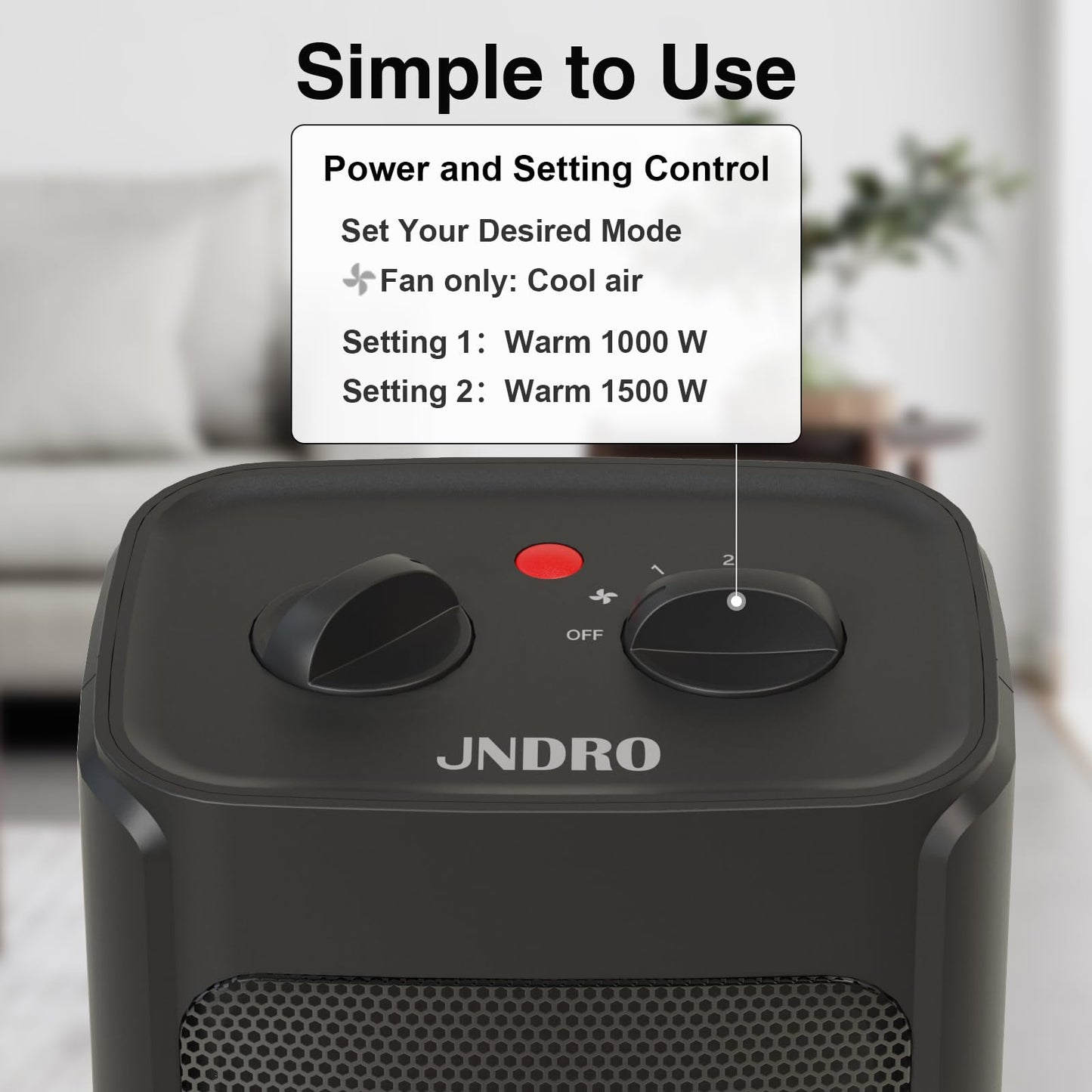 JNDRO Portable Electric Space Heater - 1500W/750W Quiet Ceramic mini Heater Fan with Thermostat, Heat Up 200 Square Feet for Room Office Desk Indoor Use - CookCave