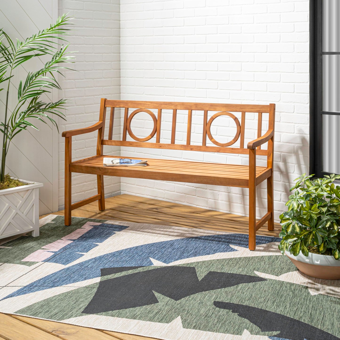 JONATHAN Y BNH104A Apollo 51.2" 3-Seat Circle-Back 600-Lbs Support Acacia Wood Outdoor Garden Patio Bench for Garden, Lawn, Backyard, Pool, Deck, Beach, Firepit, Teak - CookCave