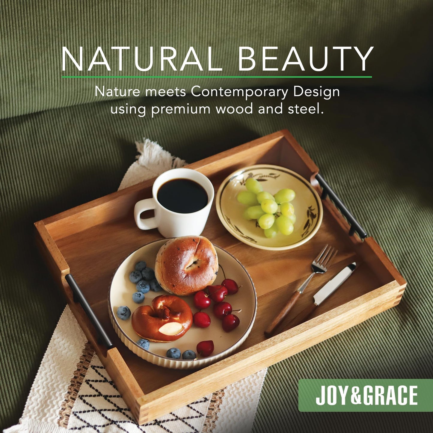 Joy&Grace Acacia Wooden Tray with Metal Handles Large Wood Serving Tray Decorative Ottoman Coffee Table Tray for Living Room Kitchen Food Tray for Bed Breakfast Dinner (Natural, 17" x 13") - CookCave